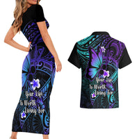 Polynesia Suicide Prevention Awareness Couples Matching Short Sleeve Bodycon Dress and Hawaiian Shirt Your Life Is Worth Living For Polynesian Gold Pattern - Wonder Print Shop