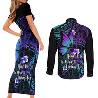 Polynesia Suicide Prevention Awareness Couples Matching Short Sleeve Bodycon Dress and Long Sleeve Button Shirts Your Life Is Worth Living For Polynesian Gold Pattern - Wonder Print Shop