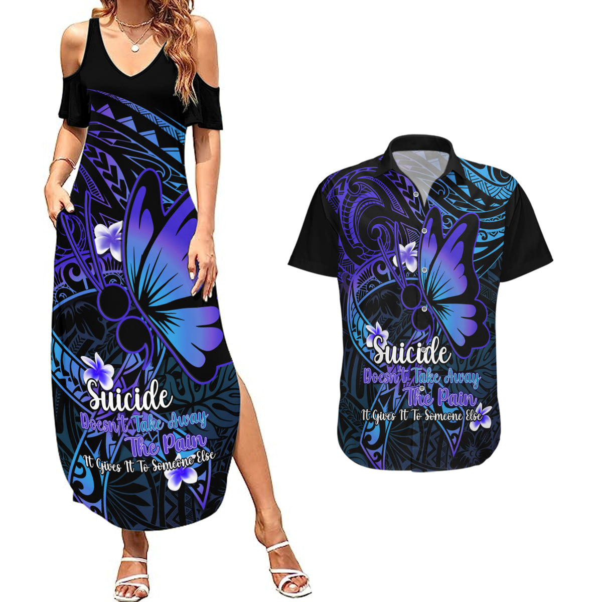 Polynesia Suicide Prevention Awareness Couples Matching Summer Maxi Dress and Hawaiian Shirt Your Life Is Worth Living For Polynesian Gold Pattern - Wonder Print Shop