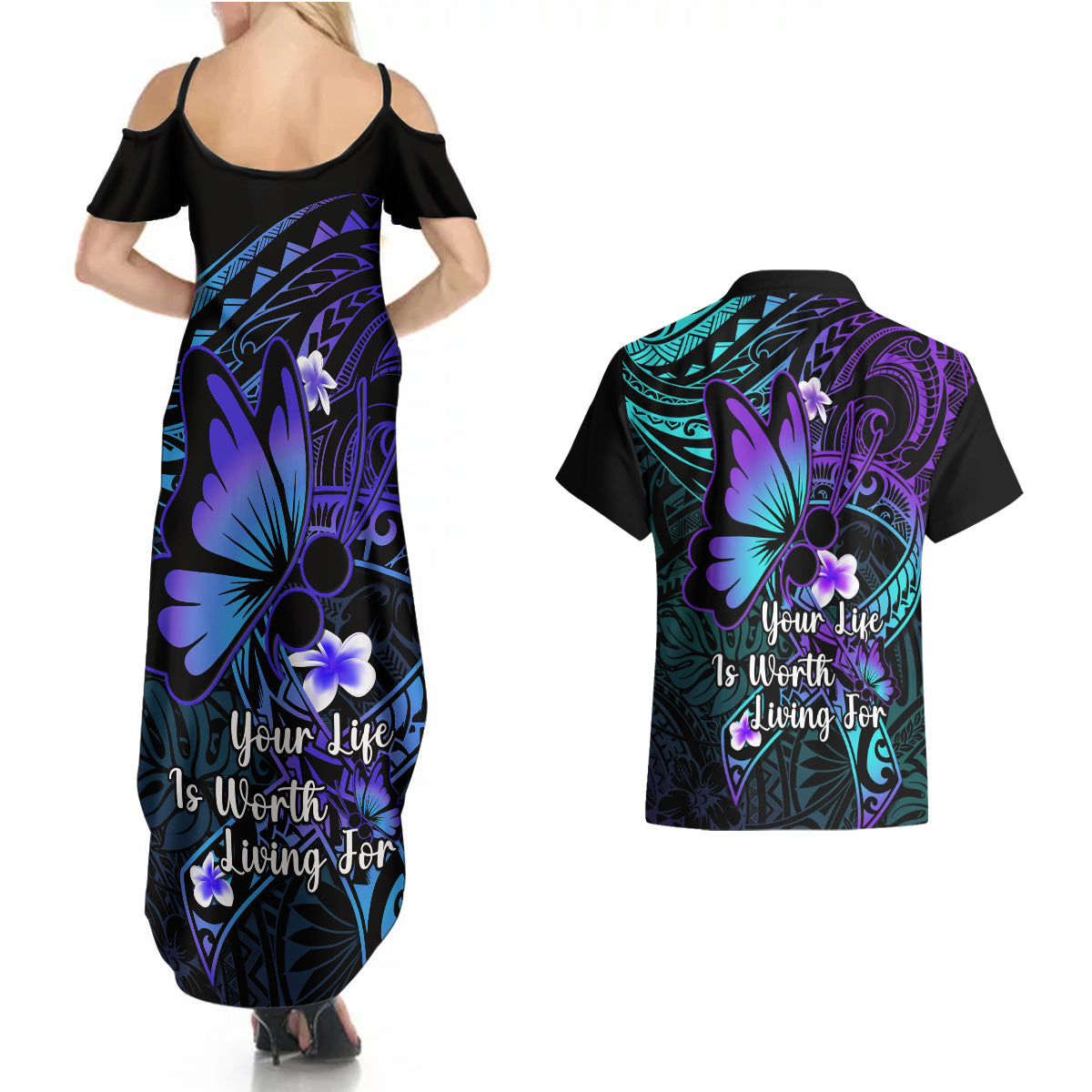 Polynesia Suicide Prevention Awareness Couples Matching Summer Maxi Dress and Hawaiian Shirt Your Life Is Worth Living For Polynesian Gold Pattern - Wonder Print Shop
