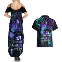 Polynesia Suicide Prevention Awareness Couples Matching Summer Maxi Dress and Hawaiian Shirt Your Life Is Worth Living For Polynesian Gold Pattern - Wonder Print Shop