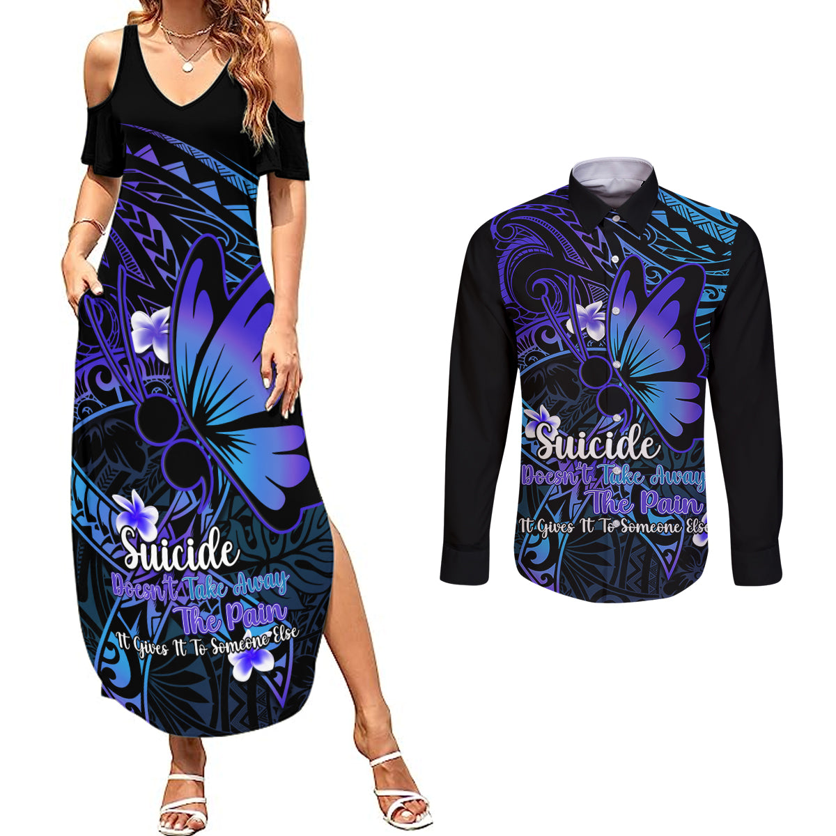 Polynesia Suicide Prevention Awareness Couples Matching Summer Maxi Dress and Long Sleeve Button Shirts Your Life Is Worth Living For Polynesian Gold Pattern - Wonder Print Shop