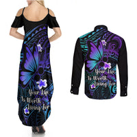 Polynesia Suicide Prevention Awareness Couples Matching Summer Maxi Dress and Long Sleeve Button Shirts Your Life Is Worth Living For Polynesian Gold Pattern - Wonder Print Shop
