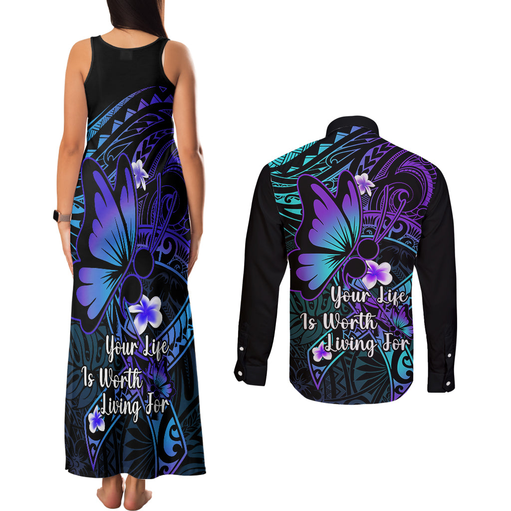 Polynesia Suicide Prevention Awareness Couples Matching Tank Maxi Dress and Long Sleeve Button Shirts Your Life Is Worth Living For Polynesian Gold Pattern - Wonder Print Shop