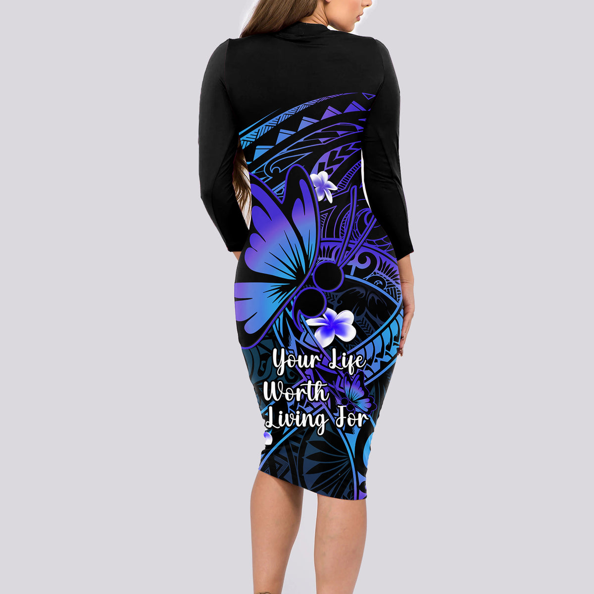 Polynesia Suicide Prevention Awareness Long Sleeve Bodycon Dress Your Life Is Worth Living For Polynesian Gold Pattern - Wonder Print Shop