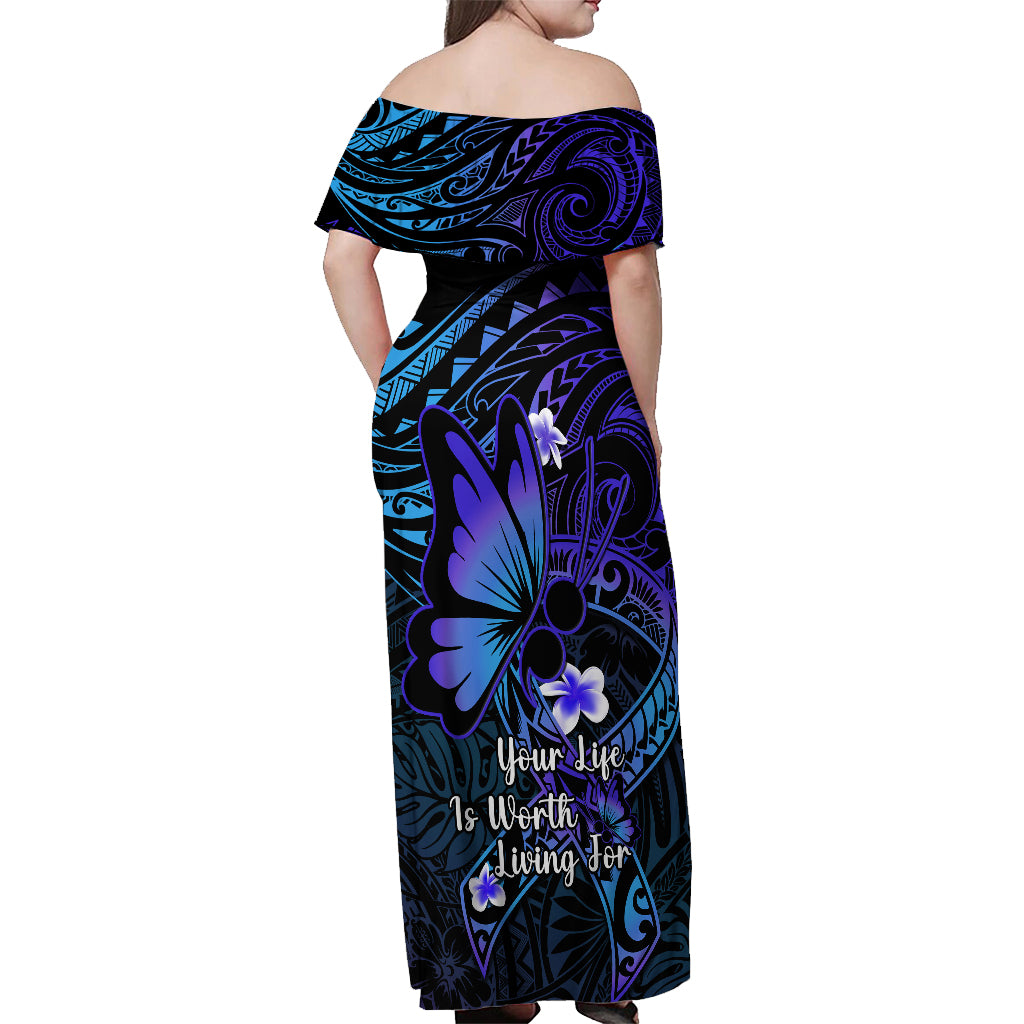 Polynesia Suicide Prevention Awareness Off Shoulder Maxi Dress Your Life Is Worth Living For Polynesian Gold Pattern - Wonder Print Shop