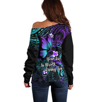 Polynesia Suicide Prevention Awareness Off Shoulder Sweater Your Life Is Worth Living For Polynesian Gold Pattern - Wonder Print Shop