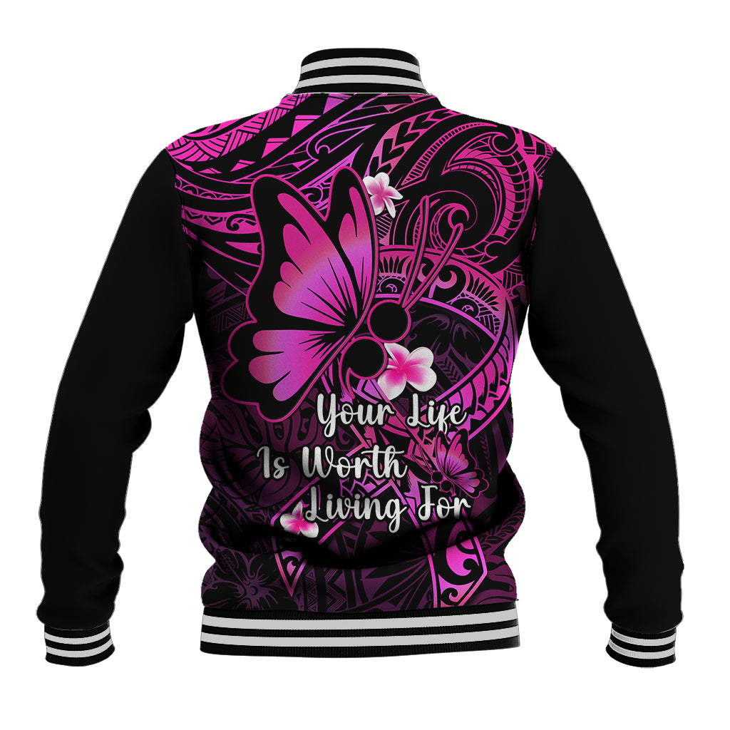 Polynesia Suicide Prevention Awareness Baseball Jacket Your Life Is Worth Living For Polynesian Pink Pattern - Wonder Print Shop