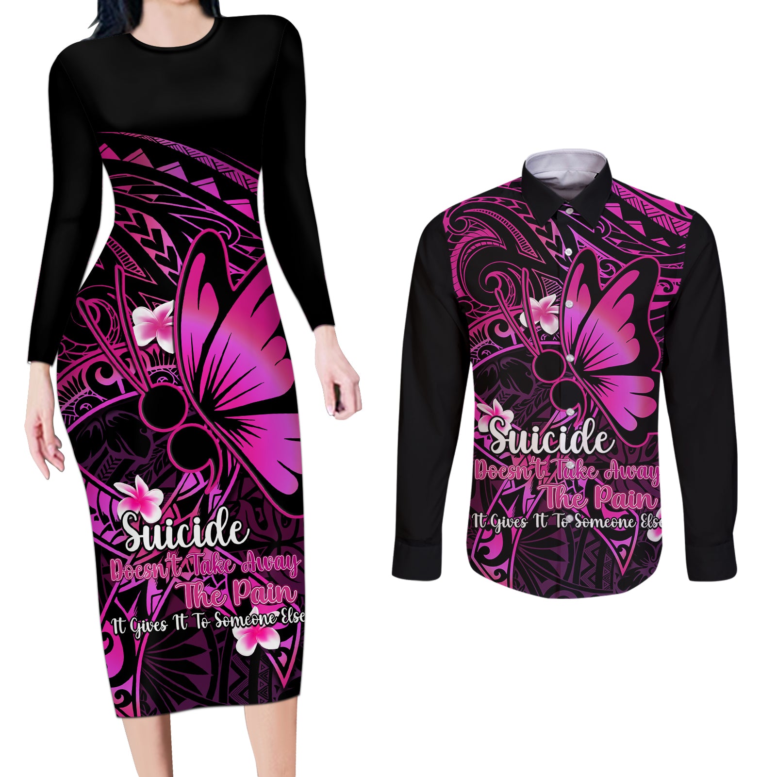 Polynesia Suicide Prevention Awareness Couples Matching Long Sleeve Bodycon Dress and Long Sleeve Button Shirts Your Life Is Worth Living For Polynesian Pink Pattern - Wonder Print Shop