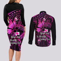 Polynesia Suicide Prevention Awareness Couples Matching Long Sleeve Bodycon Dress and Long Sleeve Button Shirts Your Life Is Worth Living For Polynesian Pink Pattern - Wonder Print Shop