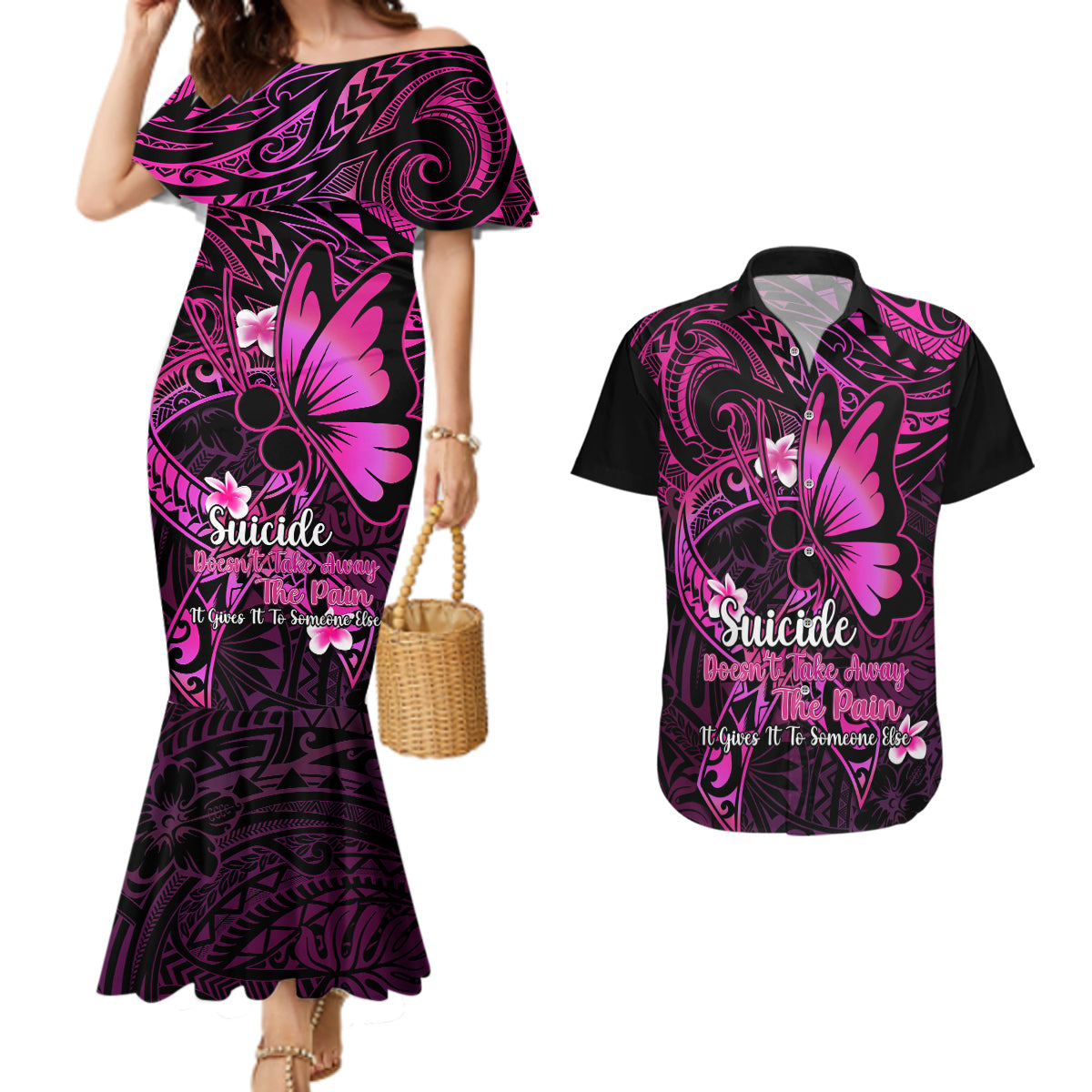 Polynesia Suicide Prevention Awareness Couples Matching Mermaid Dress and Hawaiian Shirt Your Life Is Worth Living For Polynesian Pink Pattern - Wonder Print Shop
