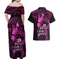 Polynesia Suicide Prevention Awareness Couples Matching Off Shoulder Maxi Dress and Hawaiian Shirt Your Life Is Worth Living For Polynesian Pink Pattern - Wonder Print Shop