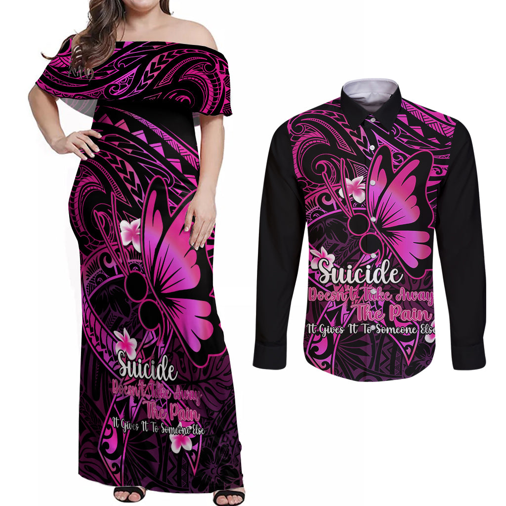Polynesia Suicide Prevention Awareness Couples Matching Off Shoulder Maxi Dress and Long Sleeve Button Shirts Your Life Is Worth Living For Polynesian Pink Pattern - Wonder Print Shop