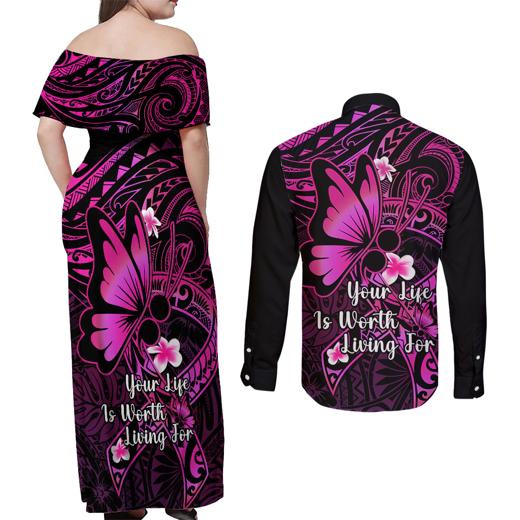 Polynesia Suicide Prevention Awareness Couples Matching Off Shoulder Maxi Dress and Long Sleeve Button Shirts Your Life Is Worth Living For Polynesian Pink Pattern - Wonder Print Shop