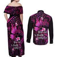 Polynesia Suicide Prevention Awareness Couples Matching Off Shoulder Maxi Dress and Long Sleeve Button Shirts Your Life Is Worth Living For Polynesian Pink Pattern - Wonder Print Shop