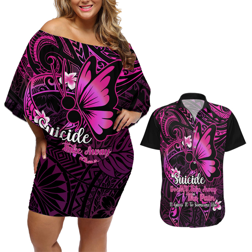 Polynesia Suicide Prevention Awareness Couples Matching Off Shoulder Short Dress and Hawaiian Shirt Your Life Is Worth Living For Polynesian Pink Pattern - Wonder Print Shop