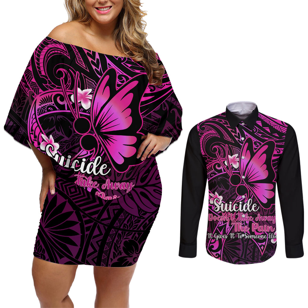 Polynesia Suicide Prevention Awareness Couples Matching Off Shoulder Short Dress and Long Sleeve Button Shirts Your Life Is Worth Living For Polynesian Pink Pattern - Wonder Print Shop