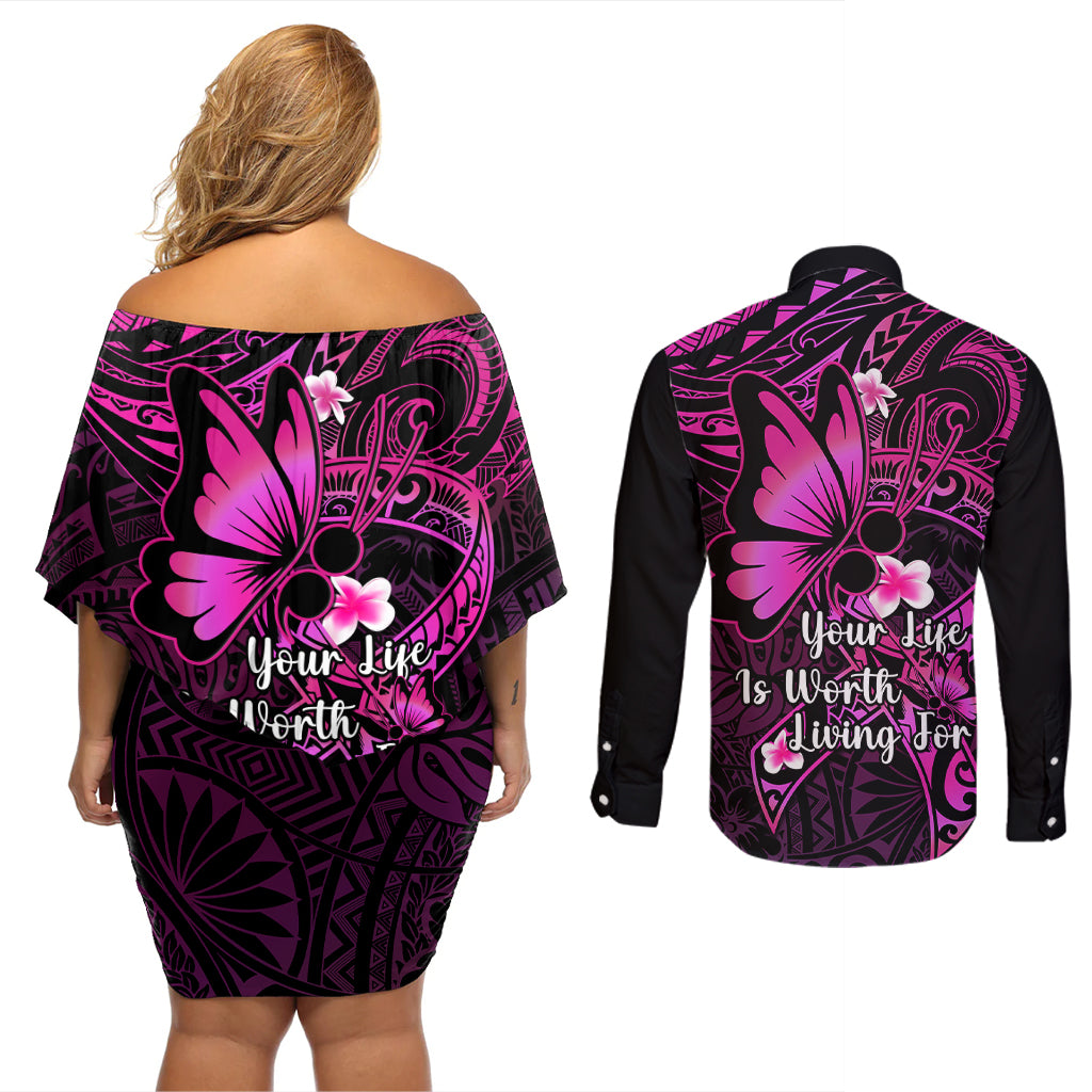 Polynesia Suicide Prevention Awareness Couples Matching Off Shoulder Short Dress and Long Sleeve Button Shirts Your Life Is Worth Living For Polynesian Pink Pattern - Wonder Print Shop