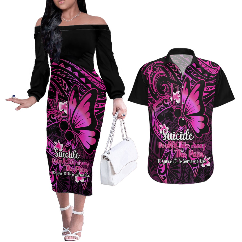 Polynesia Suicide Prevention Awareness Couples Matching Off The Shoulder Long Sleeve Dress and Hawaiian Shirt Your Life Is Worth Living For Polynesian Pink Pattern - Wonder Print Shop