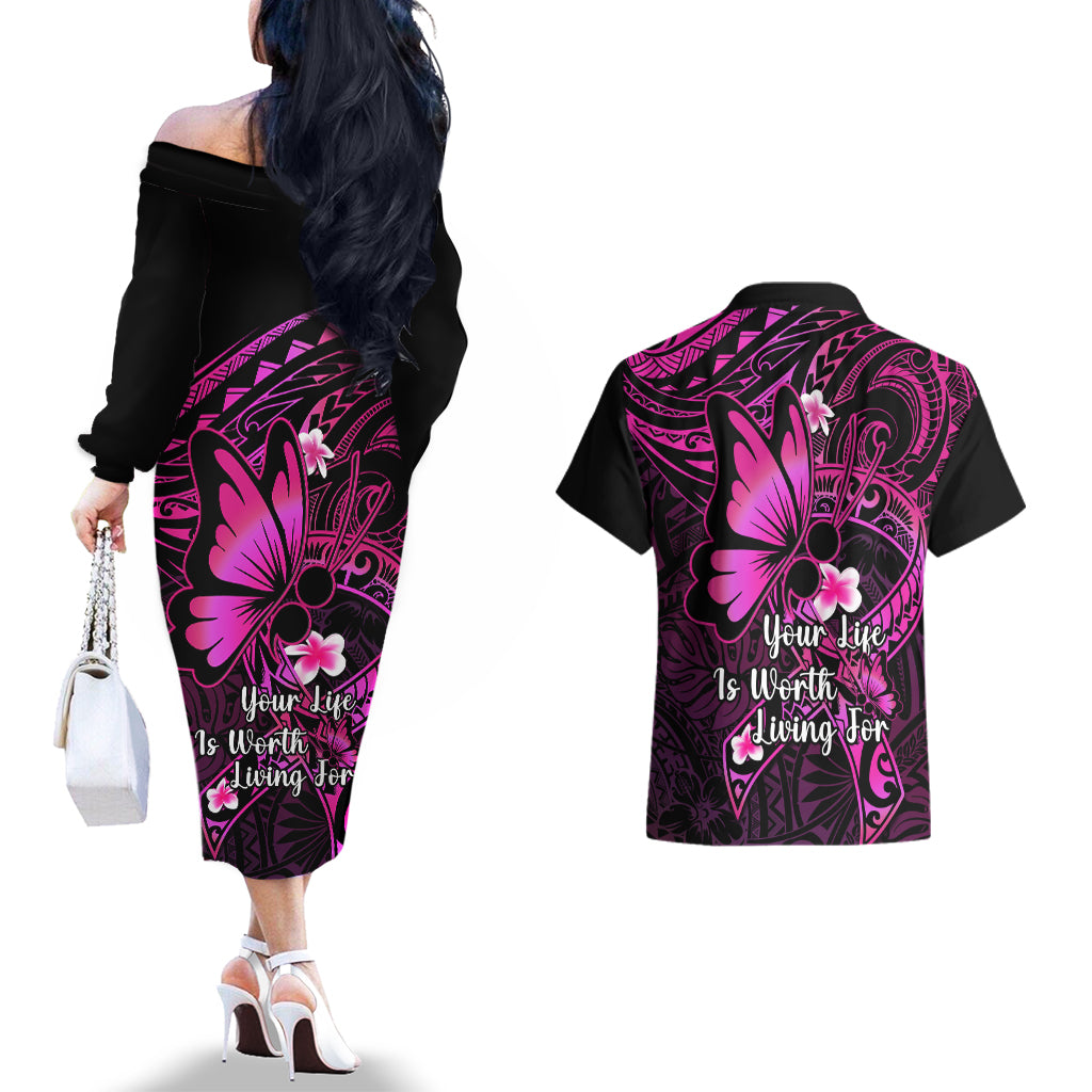Polynesia Suicide Prevention Awareness Couples Matching Off The Shoulder Long Sleeve Dress and Hawaiian Shirt Your Life Is Worth Living For Polynesian Pink Pattern - Wonder Print Shop