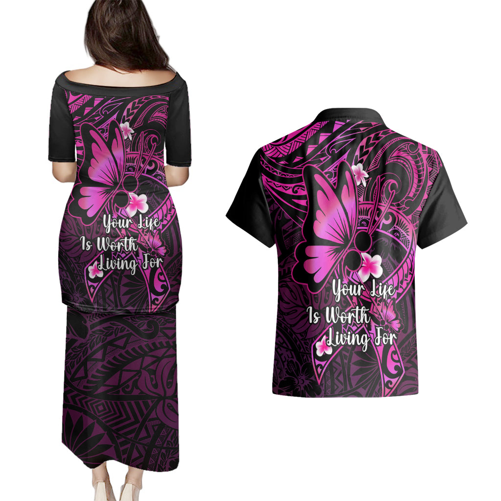 Polynesia Suicide Prevention Awareness Couples Matching Puletasi Dress and Hawaiian Shirt Your Life Is Worth Living For Polynesian Pink Pattern - Wonder Print Shop