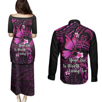 Polynesia Suicide Prevention Awareness Couples Matching Puletasi Dress and Long Sleeve Button Shirts Your Life Is Worth Living For Polynesian Pink Pattern - Wonder Print Shop