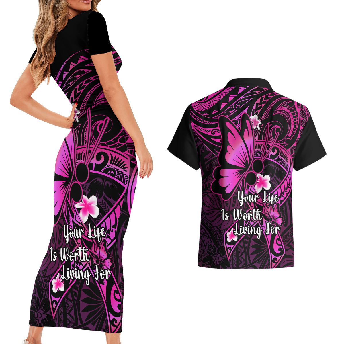 Polynesia Suicide Prevention Awareness Couples Matching Short Sleeve Bodycon Dress and Hawaiian Shirt Your Life Is Worth Living For Polynesian Pink Pattern - Wonder Print Shop
