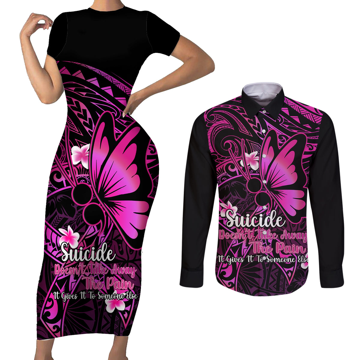 Polynesia Suicide Prevention Awareness Couples Matching Short Sleeve Bodycon Dress and Long Sleeve Button Shirts Your Life Is Worth Living For Polynesian Pink Pattern - Wonder Print Shop
