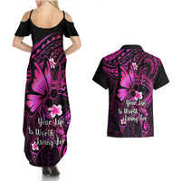 Polynesia Suicide Prevention Awareness Couples Matching Summer Maxi Dress and Hawaiian Shirt Your Life Is Worth Living For Polynesian Pink Pattern - Wonder Print Shop