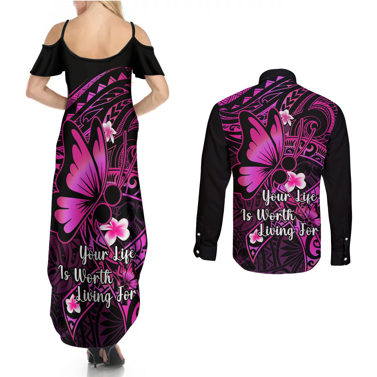 Polynesia Suicide Prevention Awareness Couples Matching Summer Maxi Dress and Long Sleeve Button Shirts Your Life Is Worth Living For Polynesian Pink Pattern - Wonder Print Shop