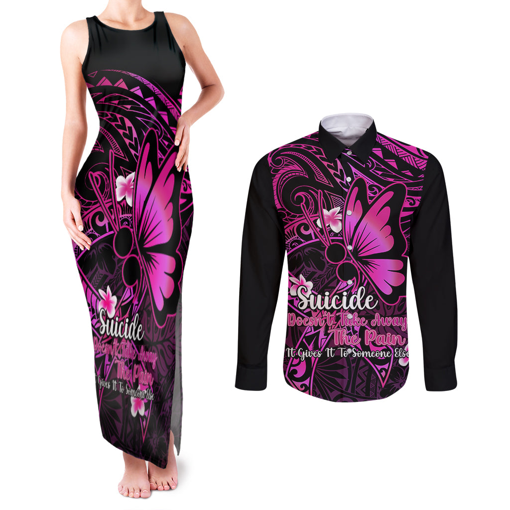 Polynesia Suicide Prevention Awareness Couples Matching Tank Maxi Dress and Long Sleeve Button Shirts Your Life Is Worth Living For Polynesian Pink Pattern - Wonder Print Shop
