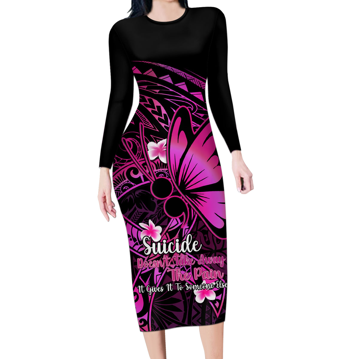 Polynesia Suicide Prevention Awareness Long Sleeve Bodycon Dress Your Life Is Worth Living For Polynesian Pink Pattern - Wonder Print Shop