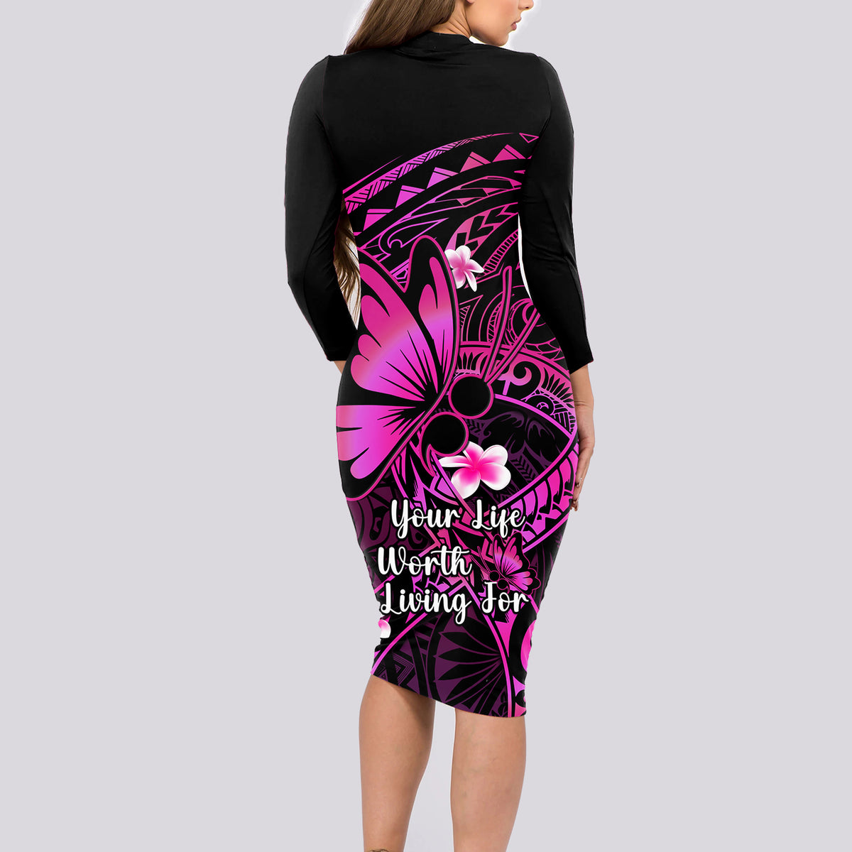 Polynesia Suicide Prevention Awareness Long Sleeve Bodycon Dress Your Life Is Worth Living For Polynesian Pink Pattern - Wonder Print Shop