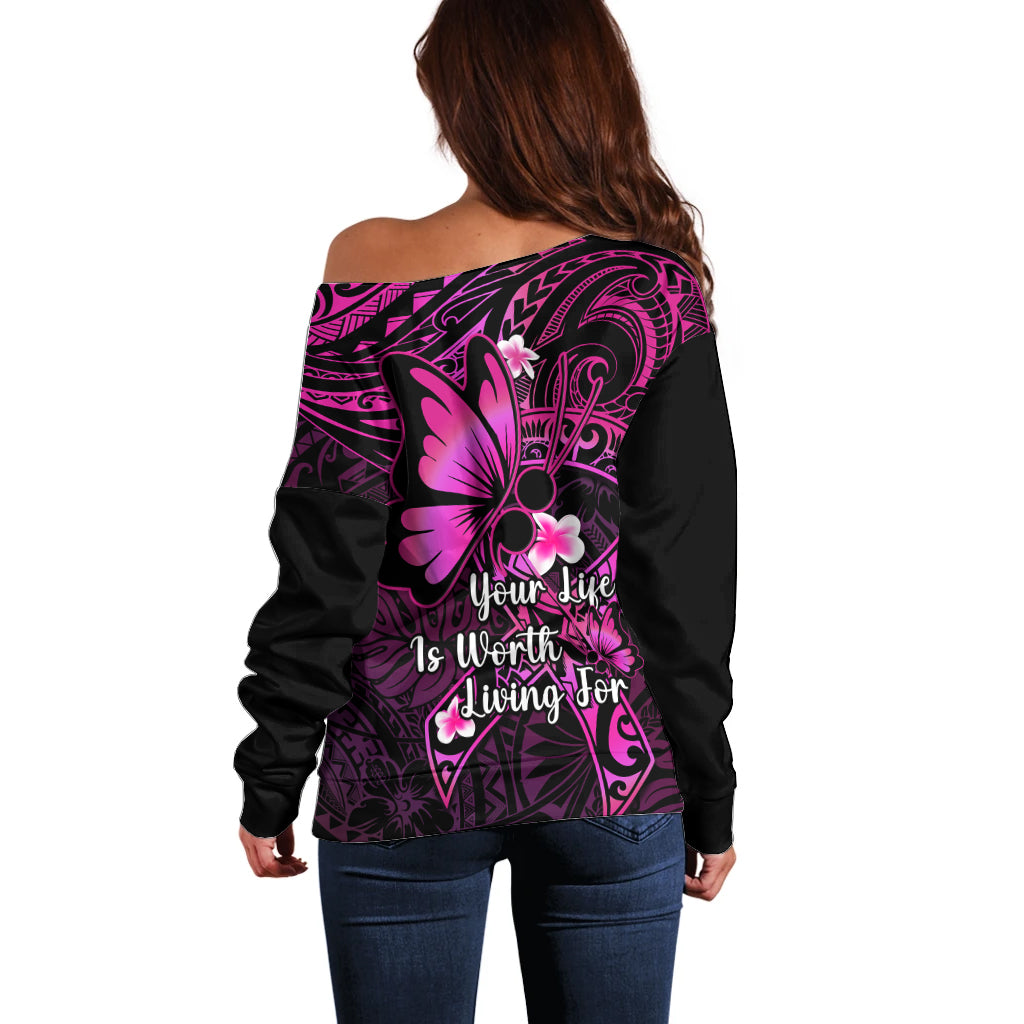 Polynesia Suicide Prevention Awareness Off Shoulder Sweater Your Life Is Worth Living For Polynesian Pink Pattern - Wonder Print Shop