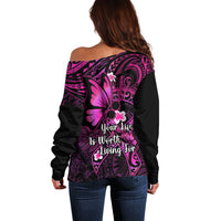 Polynesia Suicide Prevention Awareness Off Shoulder Sweater Your Life Is Worth Living For Polynesian Pink Pattern - Wonder Print Shop
