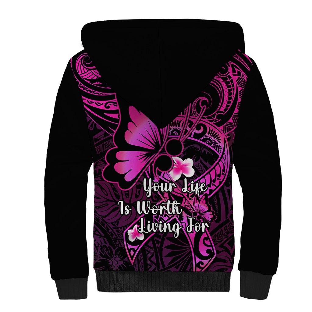 Polynesia Suicide Prevention Awareness Sherpa Hoodie Your Life Is Worth Living For Polynesian Pink Pattern - Wonder Print Shop
