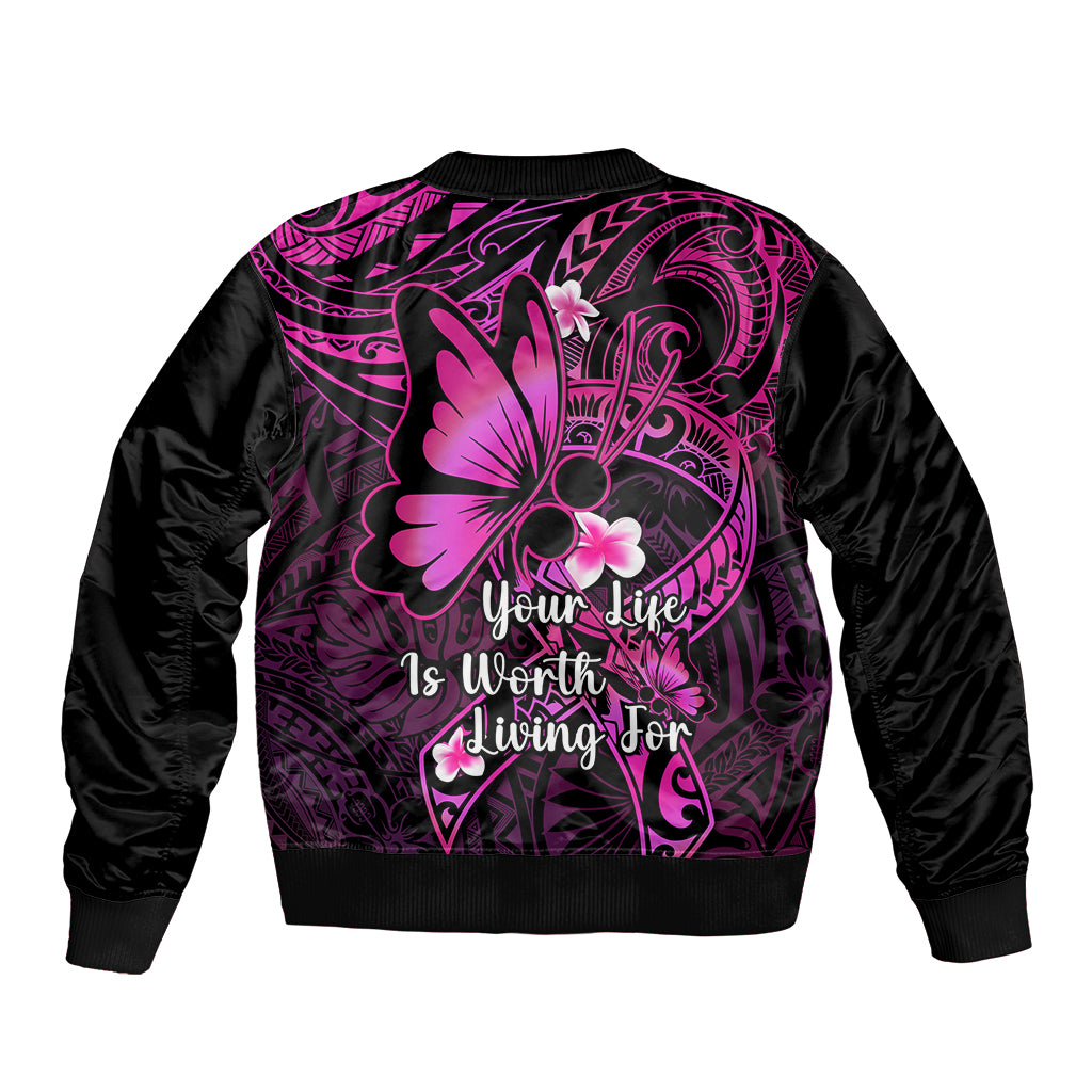 Polynesia Suicide Prevention Awareness Sleeve Zip Bomber Jacket Your Life Is Worth Living For Polynesian Pink Pattern - Wonder Print Shop