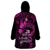Polynesia Suicide Prevention Awareness Wearable Blanket Hoodie Your Life Is Worth Living For Polynesian Pink Pattern - Wonder Print Shop