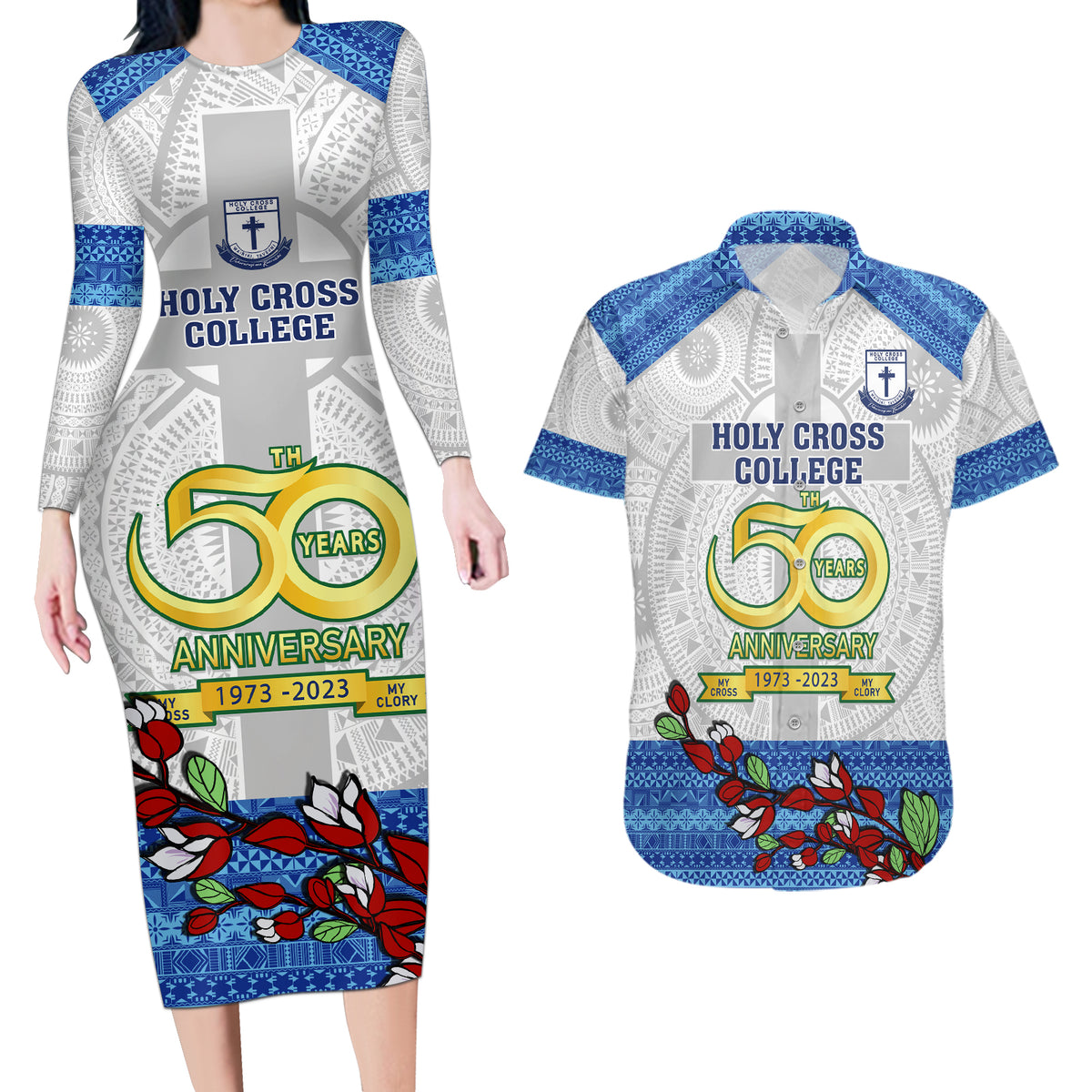 Fiji Holy Cross College Couples Matching Long Sleeve Bodycon Dress and Hawaiian Shirt Happy 50th Anniversary Fijian Tagimoucia Tapa Pattern - Wonder Print Shop