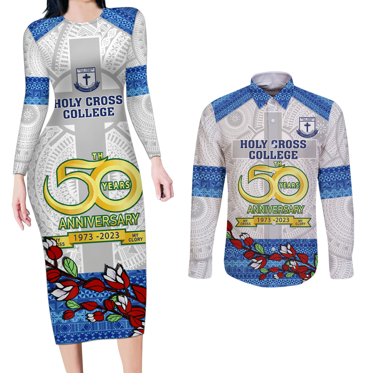 Fiji Holy Cross College Couples Matching Long Sleeve Bodycon Dress and Long Sleeve Button Shirts Happy 50th Anniversary Fijian Tagimoucia Tapa Pattern - Wonder Print Shop