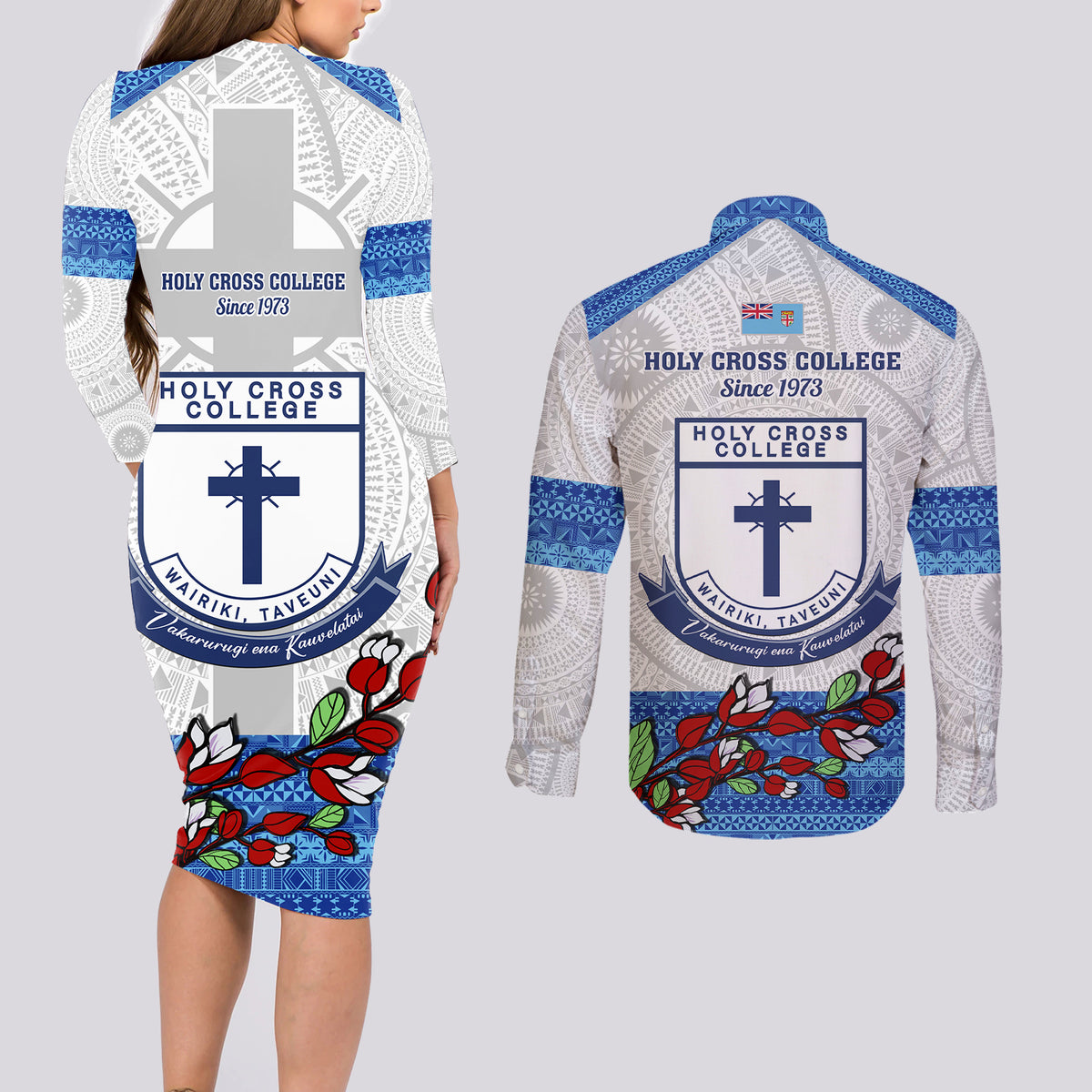 Fiji Holy Cross College Couples Matching Long Sleeve Bodycon Dress and Long Sleeve Button Shirts Happy 50th Anniversary Fijian Tagimoucia Tapa Pattern - Wonder Print Shop