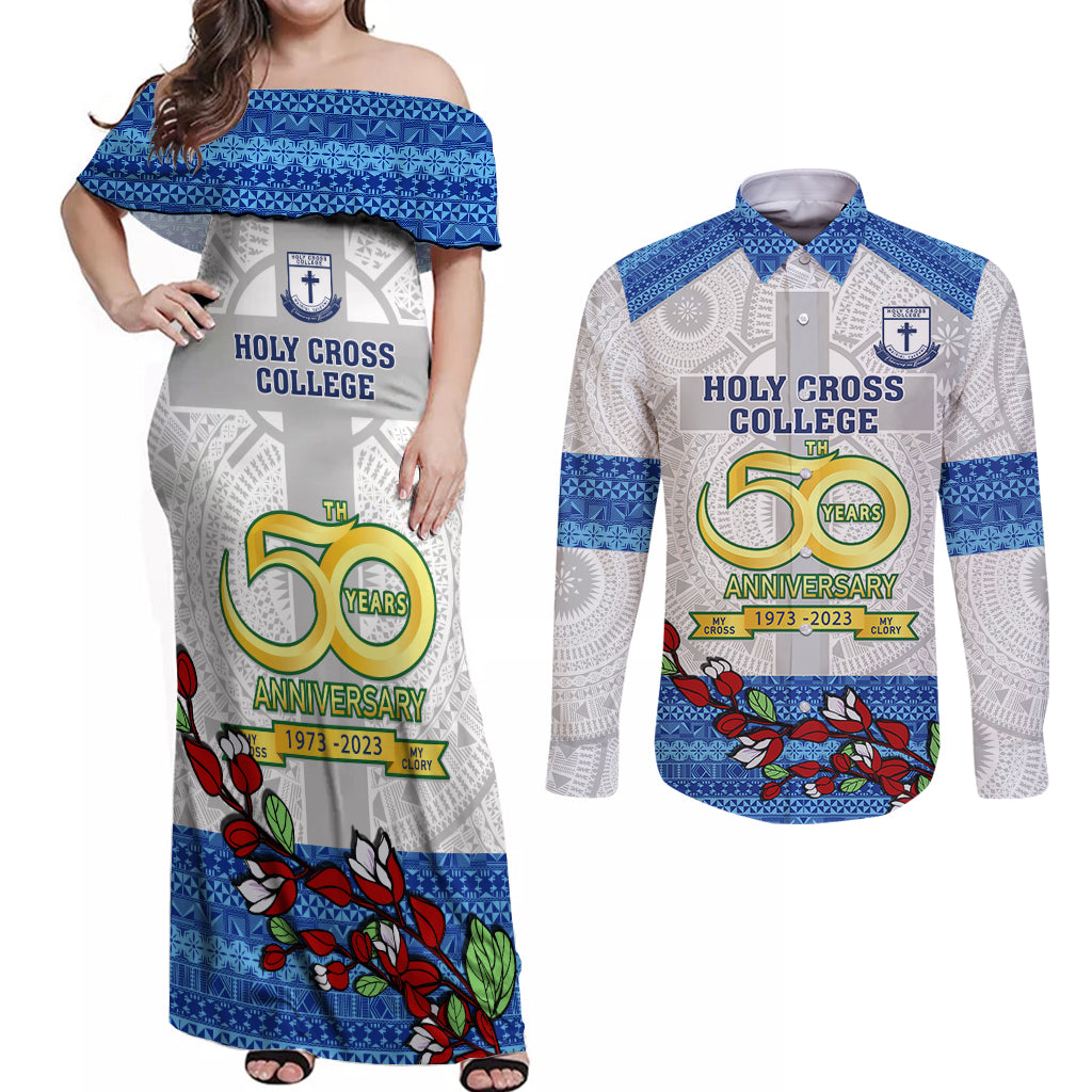 Fiji Holy Cross College Couples Matching Off Shoulder Maxi Dress and Long Sleeve Button Shirts Happy 50th Anniversary Fijian Tagimoucia Tapa Pattern - Wonder Print Shop