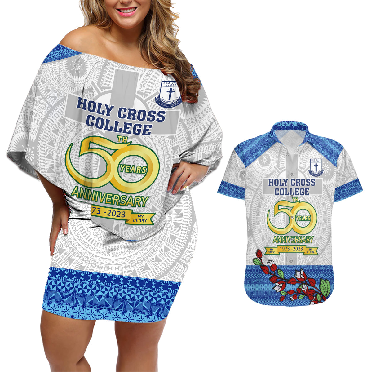 Fiji Holy Cross College Couples Matching Off Shoulder Short Dress and Hawaiian Shirt Happy 50th Anniversary Fijian Tagimoucia Tapa Pattern - Wonder Print Shop