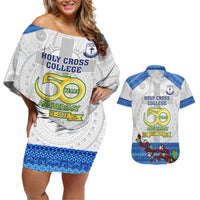 Fiji Holy Cross College Couples Matching Off Shoulder Short Dress and Hawaiian Shirt Happy 50th Anniversary Fijian Tagimoucia Tapa Pattern - Wonder Print Shop