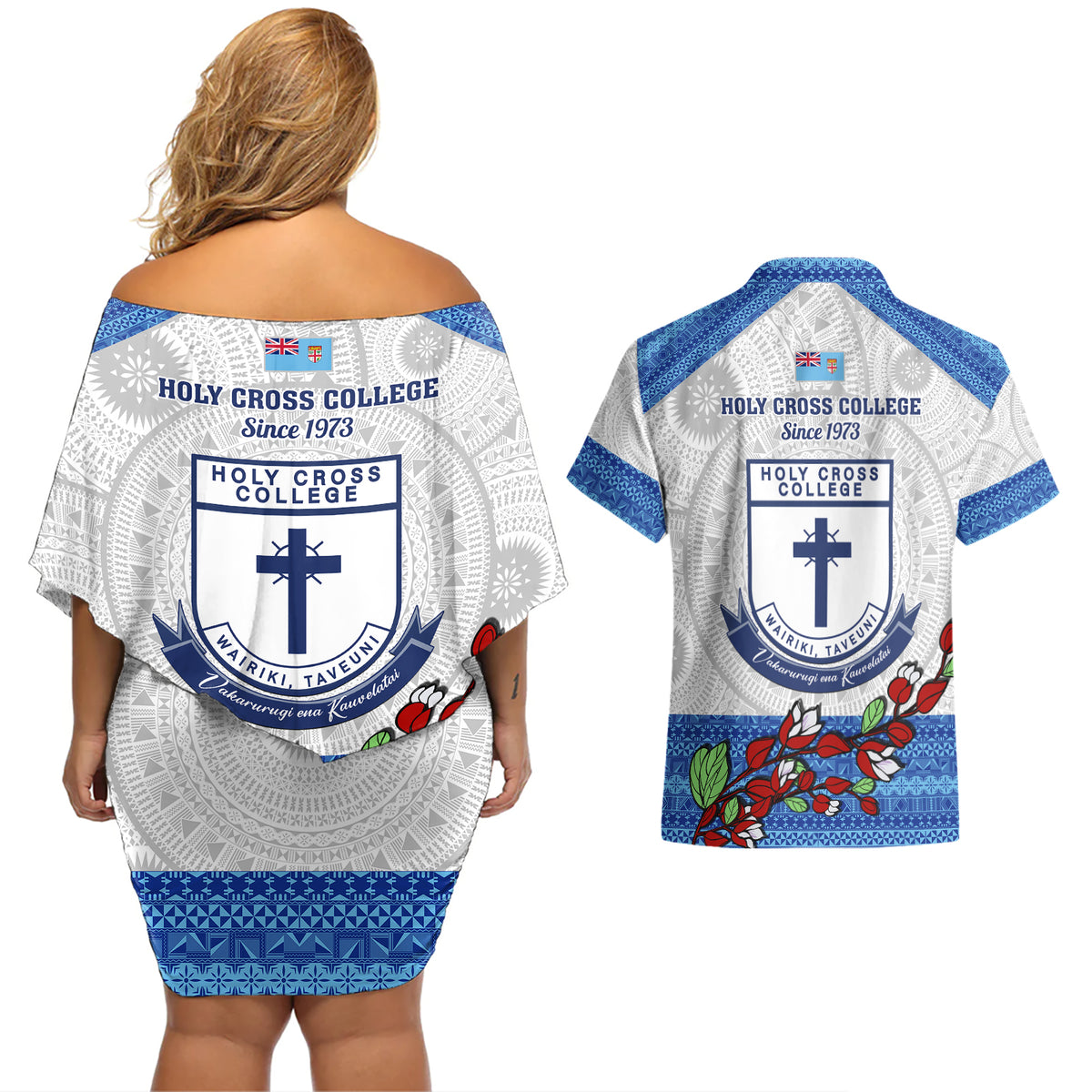 Fiji Holy Cross College Couples Matching Off Shoulder Short Dress and Hawaiian Shirt Happy 50th Anniversary Fijian Tagimoucia Tapa Pattern - Wonder Print Shop