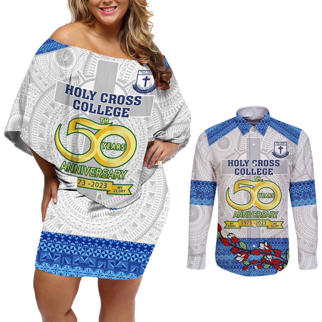 Fiji Holy Cross College Couples Matching Off Shoulder Short Dress and Long Sleeve Button Shirts Happy 50th Anniversary Fijian Tagimoucia Tapa Pattern - Wonder Print Shop