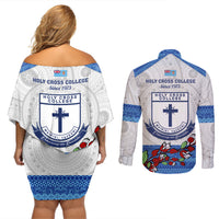 Fiji Holy Cross College Couples Matching Off Shoulder Short Dress and Long Sleeve Button Shirts Happy 50th Anniversary Fijian Tagimoucia Tapa Pattern - Wonder Print Shop