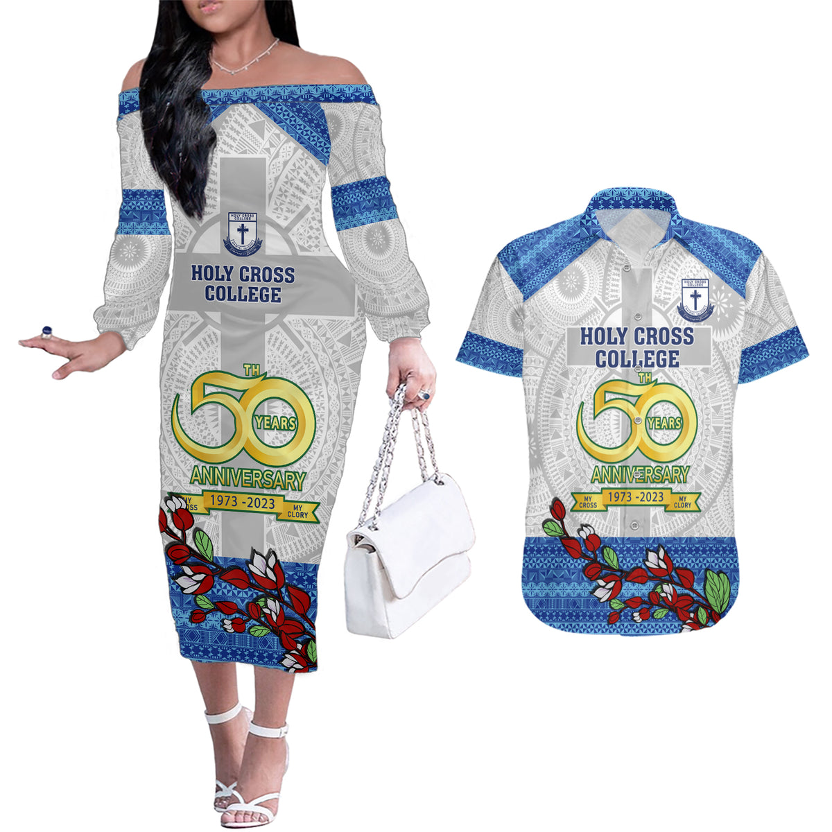Fiji Holy Cross College Couples Matching Off The Shoulder Long Sleeve Dress and Hawaiian Shirt Happy 50th Anniversary Fijian Tagimoucia Tapa Pattern - Wonder Print Shop