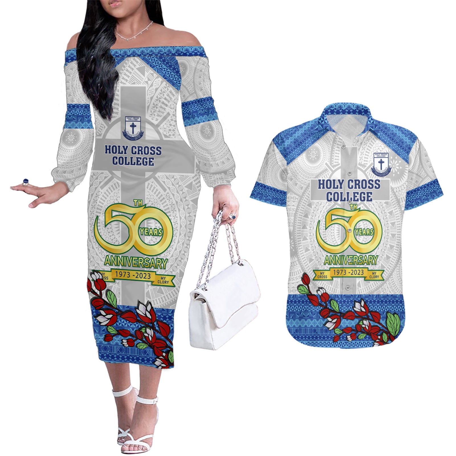 Fiji Holy Cross College Couples Matching Off The Shoulder Long Sleeve Dress and Hawaiian Shirt Happy 50th Anniversary Fijian Tagimoucia Tapa Pattern - Wonder Print Shop