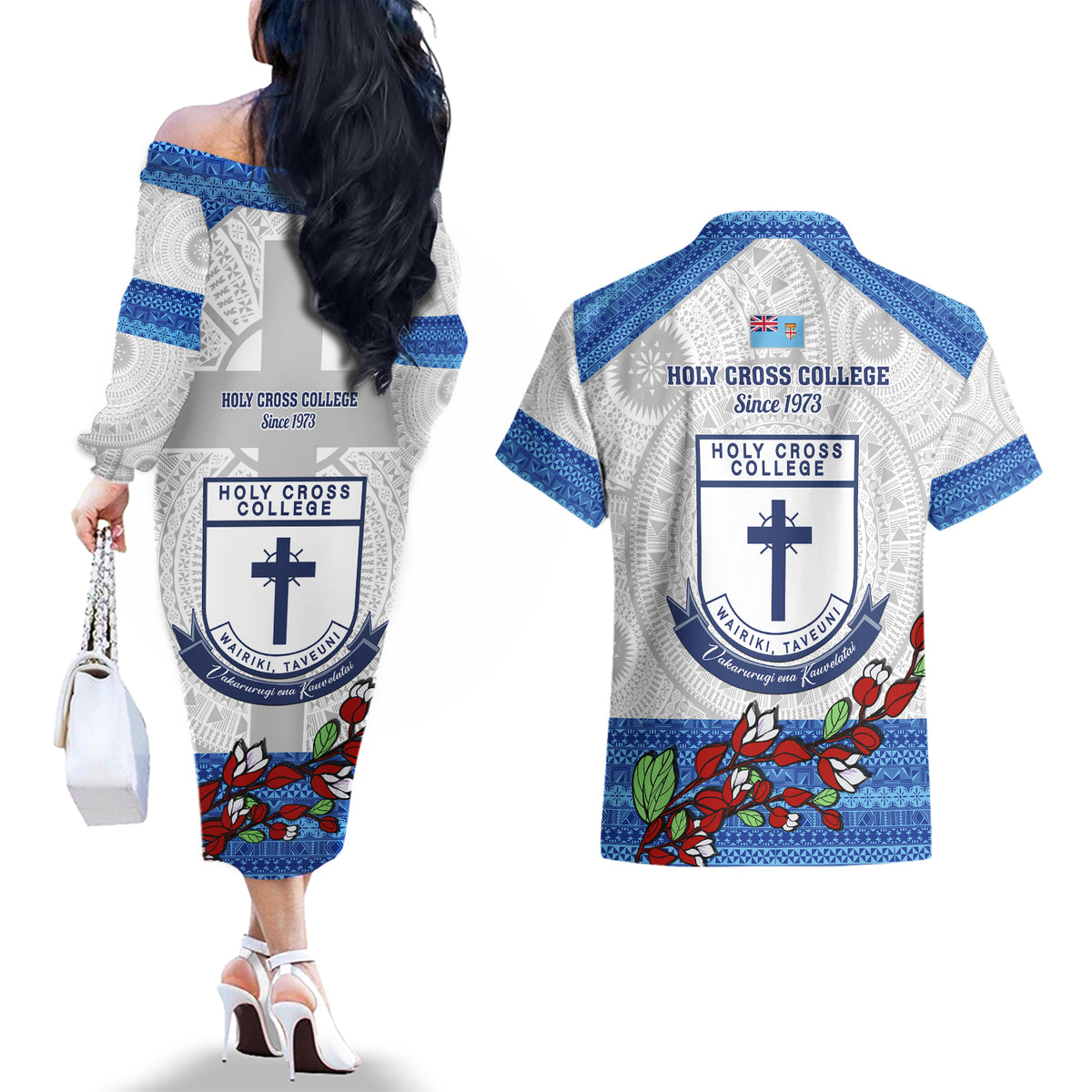 Fiji Holy Cross College Couples Matching Off The Shoulder Long Sleeve Dress and Hawaiian Shirt Happy 50th Anniversary Fijian Tagimoucia Tapa Pattern - Wonder Print Shop